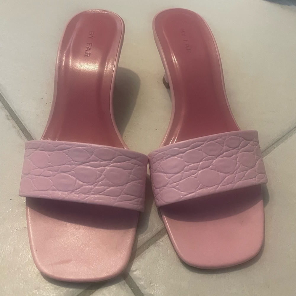 By Far PEONY Pink Croc Print Leather Slip On Heeled Sandals size 37. Worn once.
